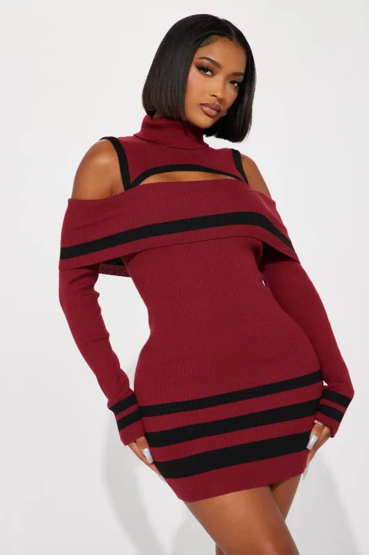 Kelsie Sweater Mini Dress - Burgundy/combo sold by Fashion Nova