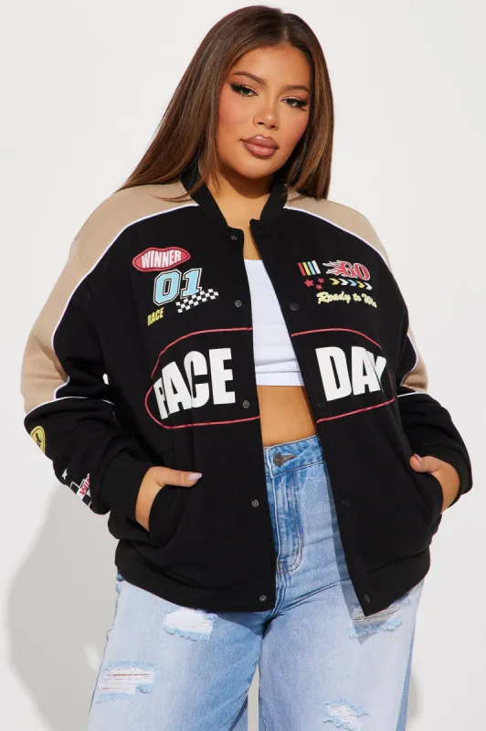 Too Fast Bomber Jacket - Black/combo sold by Fashion Nova