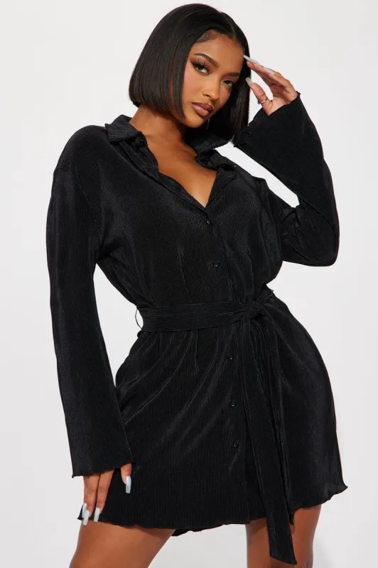 On The Clock Plisse Mini Dress - Black sold by Fashion Nova