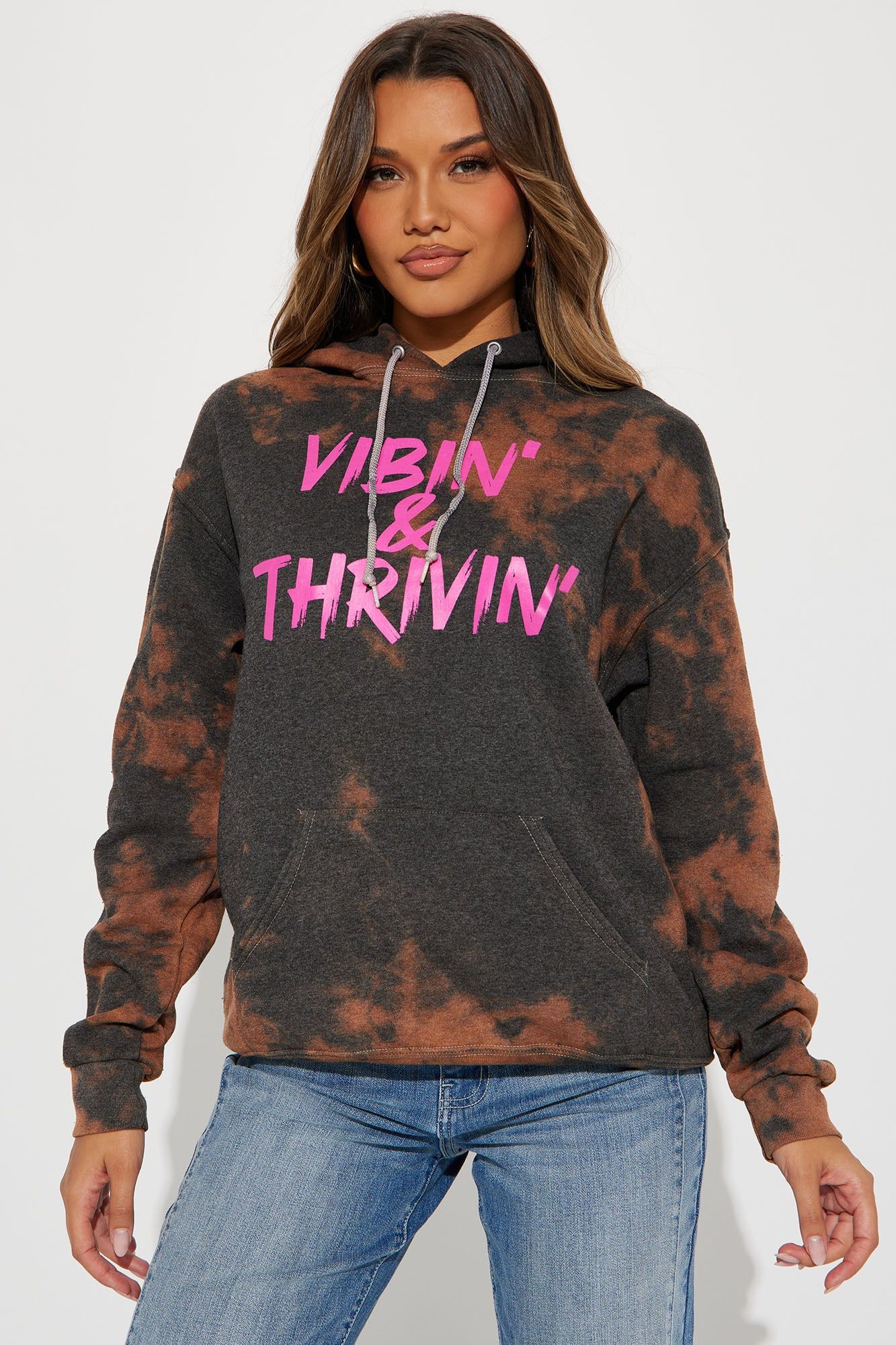 Positive Vibin' Tie Dye Oversized Hoodie - Brown/combo sold by Fashion Nova