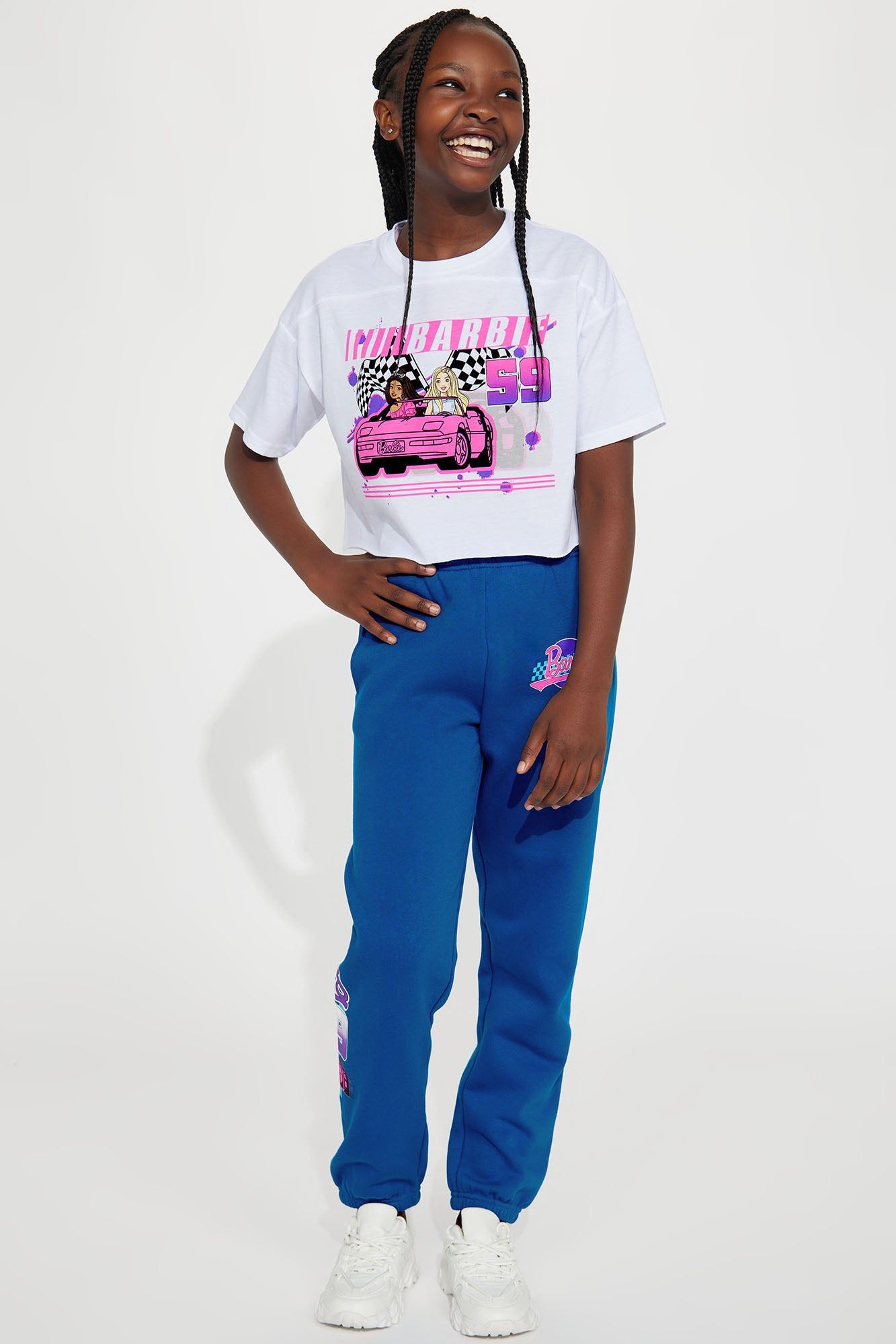 Mini Barbie Racing Jogger Set - White/Blue sold by Fashion Nova