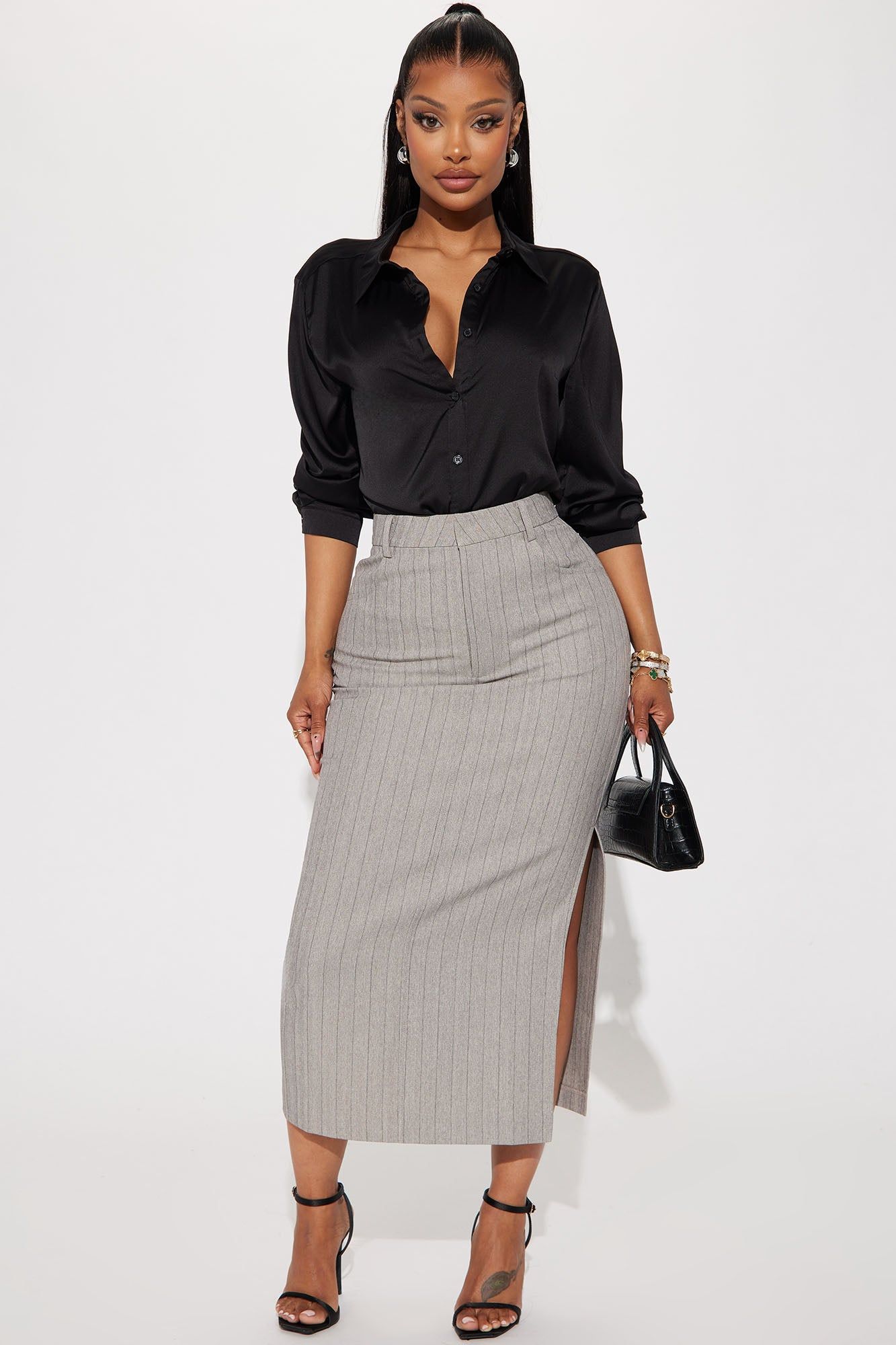 Work That Pinstripe Midi Skirt - Grey sold by Fashion Nova