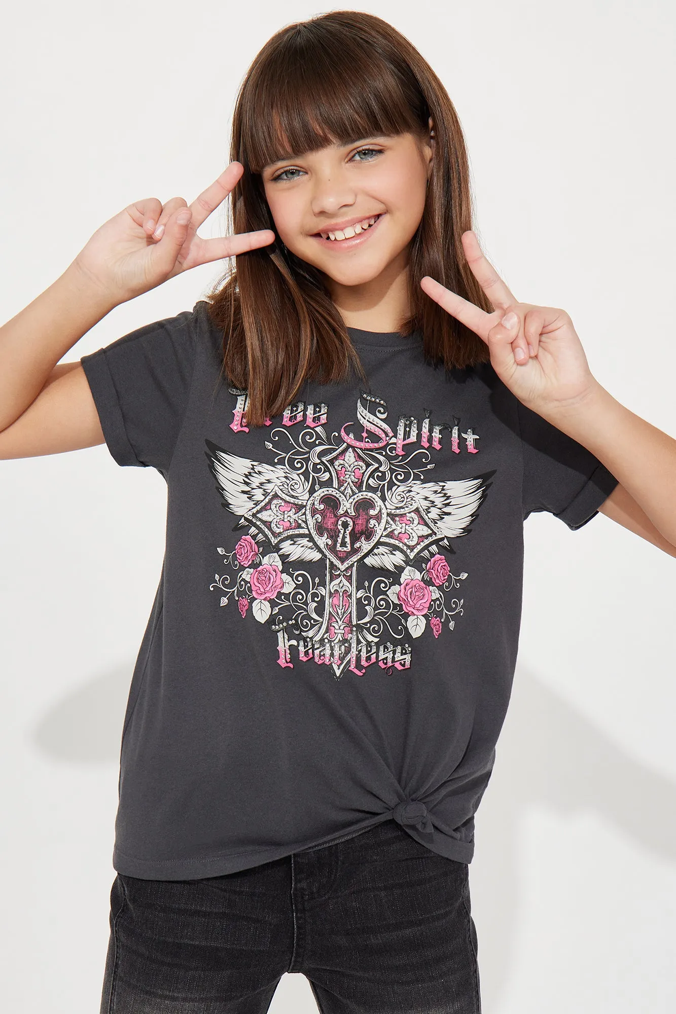 Mini Free Spirit and Fearless Locked Screen Tee - Charcoal sold by Fashion Nova