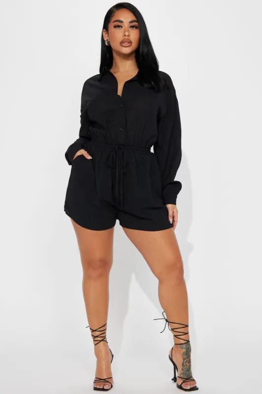 Running On My Mind Romper - Black sold by Fashion Nova