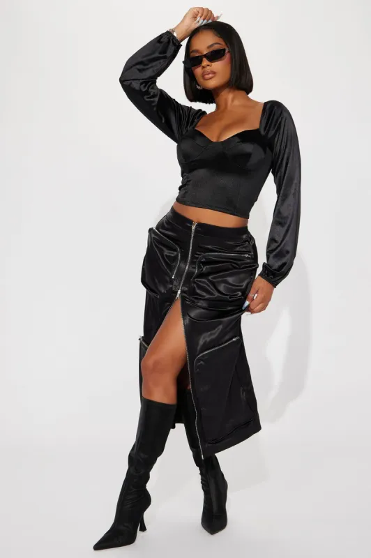 Bailey Satin Cargo Midi Skirt - Black sold by Fashion Nova