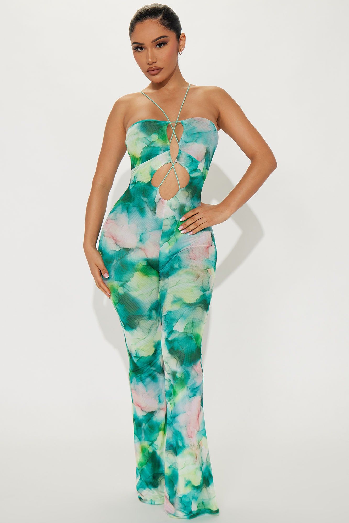 Watermark Your Love Mesh Jumpsuit - Green/combo sold by Fashion Nova