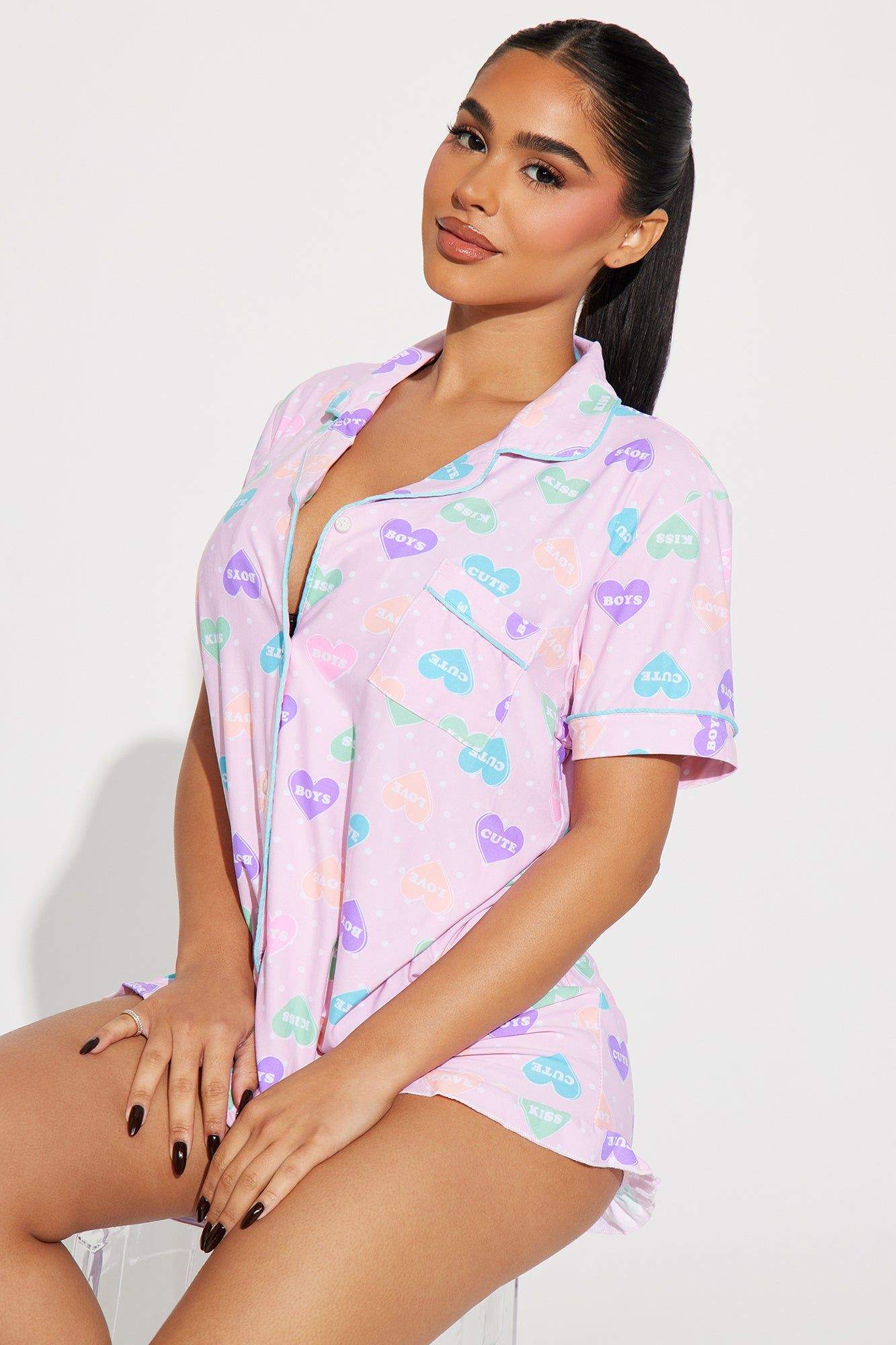 Candy Hearts PJ Short Set - Pink/combo sold by Fashion Nova