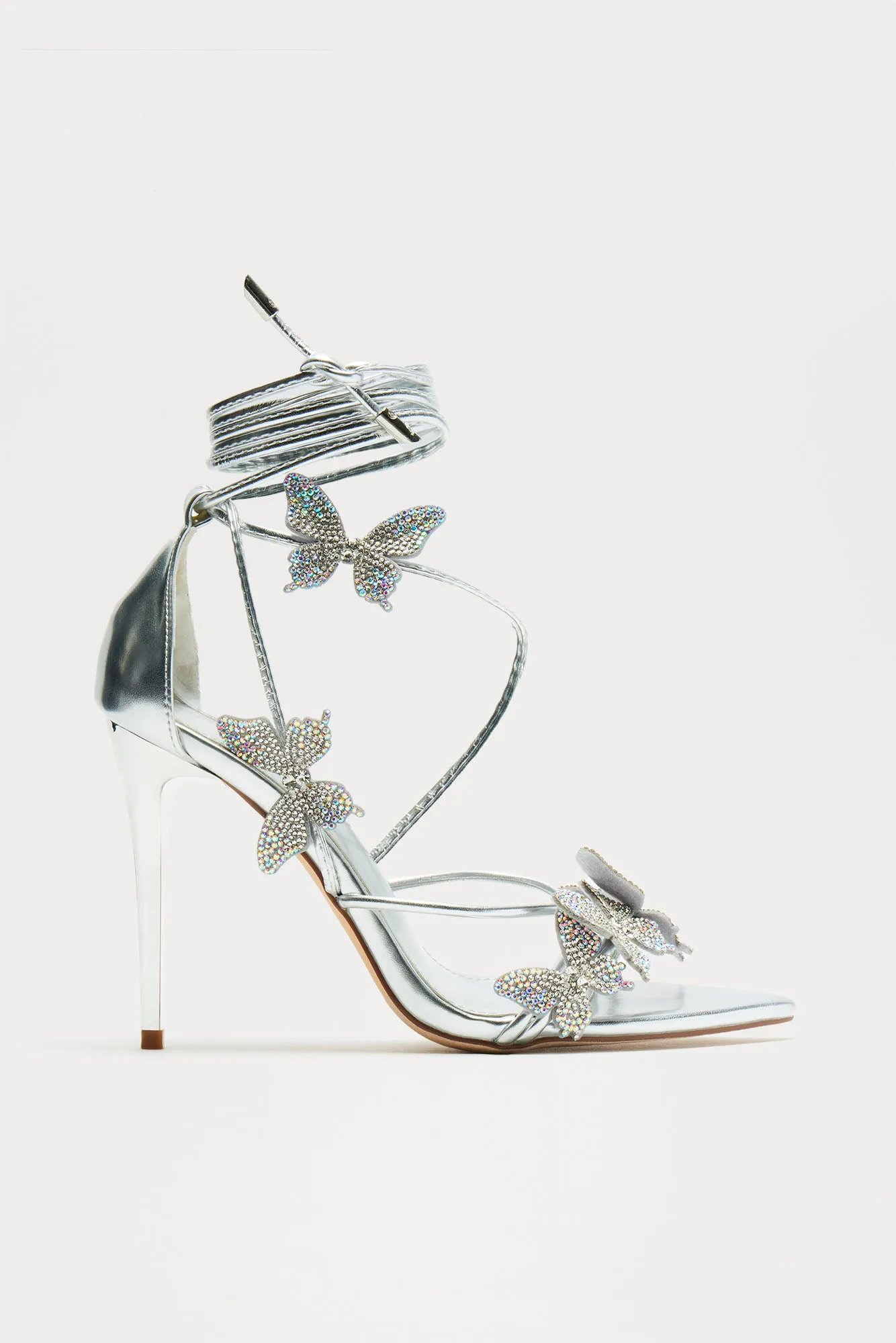 Marie Butterfly Wrap Up Heels - Silver sold by Fashion Nova