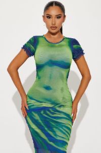 Body Language Mesh Midi Dress - Blue/combo sold by Fashion Nova