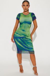 Body Language Mesh Midi Dress - Blue/combo sold by Fashion Nova