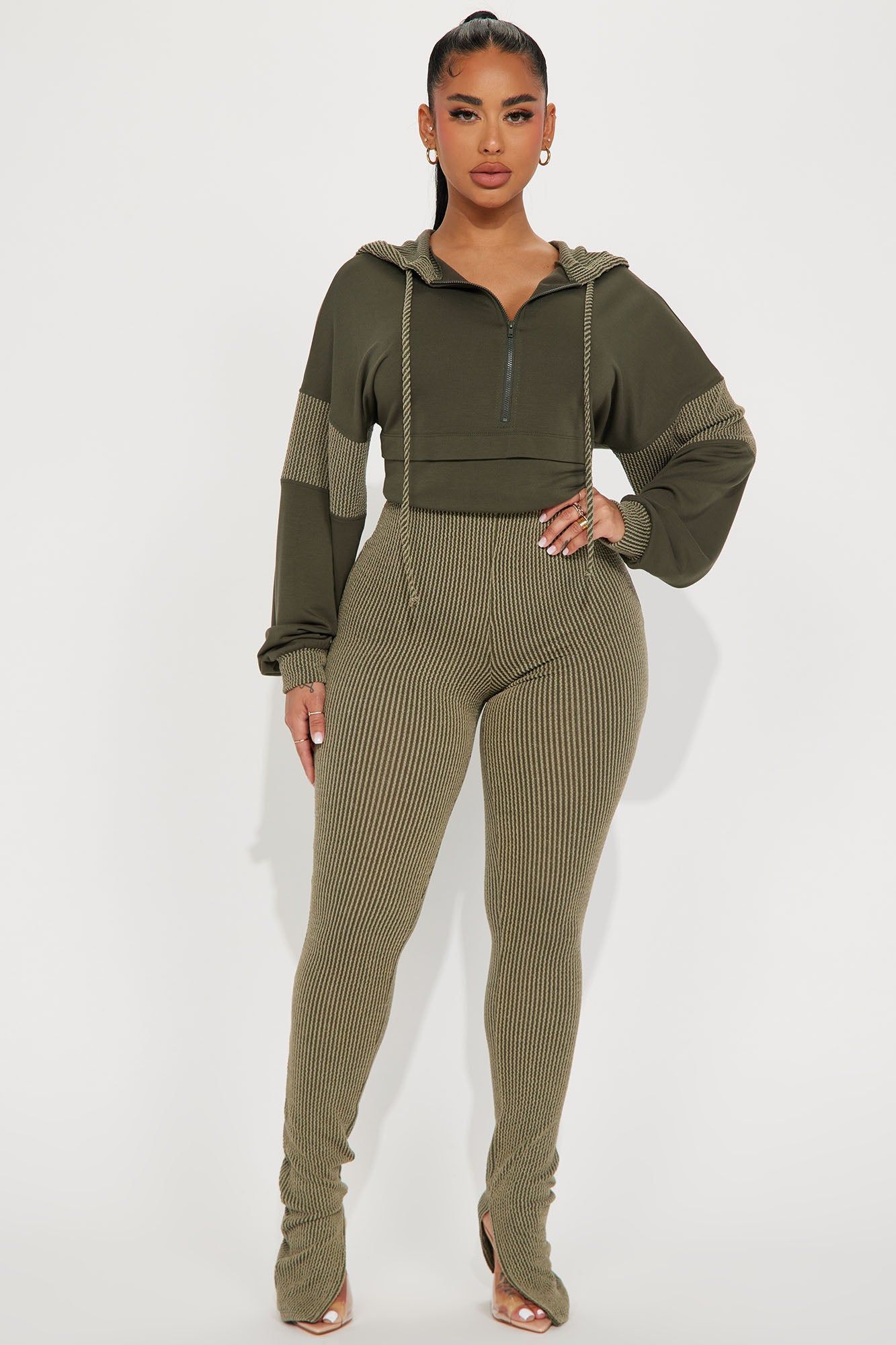 Off The Stage Hoodie Jumpsuit - Olive sold by Fashion Nova