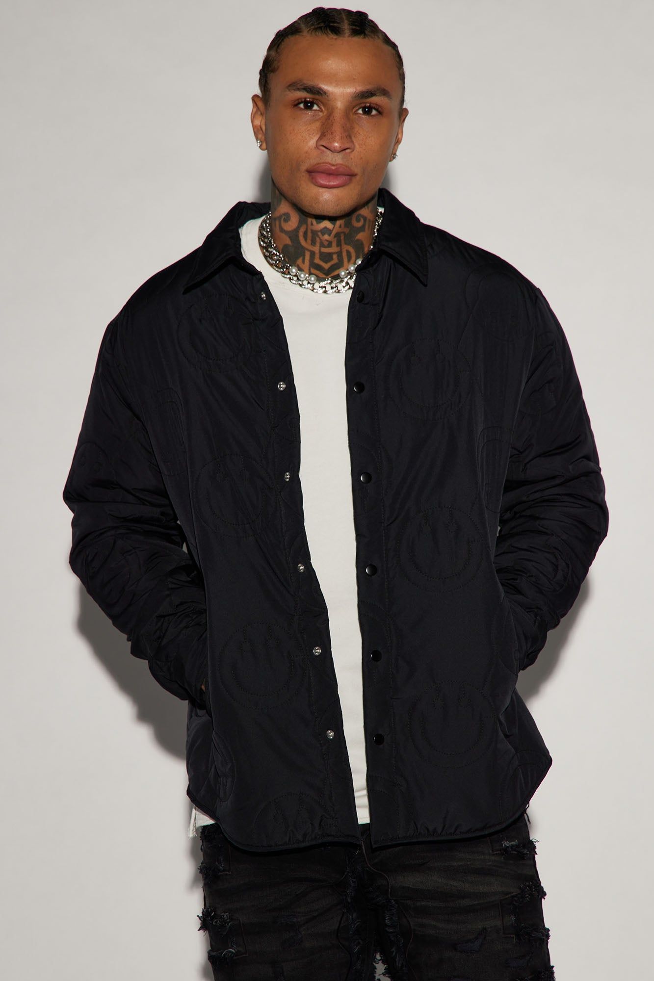 Smiley Quilted Nylon Shacket - Black sold by Fashion Nova