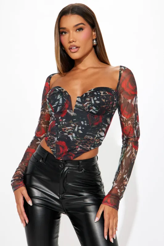 Scarlet Leopard Mesh Corset Top - Brown/combo sold by Fashion Nova