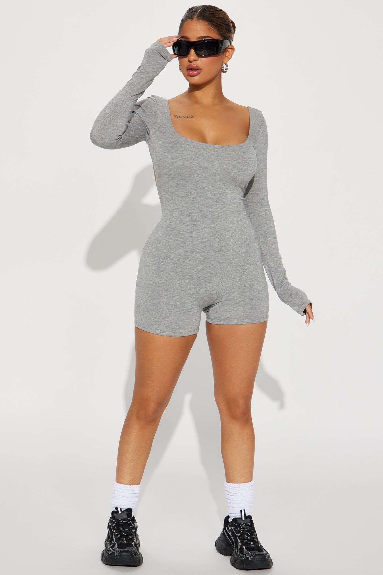 Sara Double Lined Romper - Heathered Grey sold by Fashion Nova