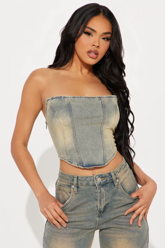 Above It All Washed Denim Corset Top - Vintage Wash sold by Fashion Nova
