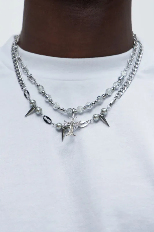 Spike Cross 2 Piece Chain Necklace - Silver sold by Fashion Nova