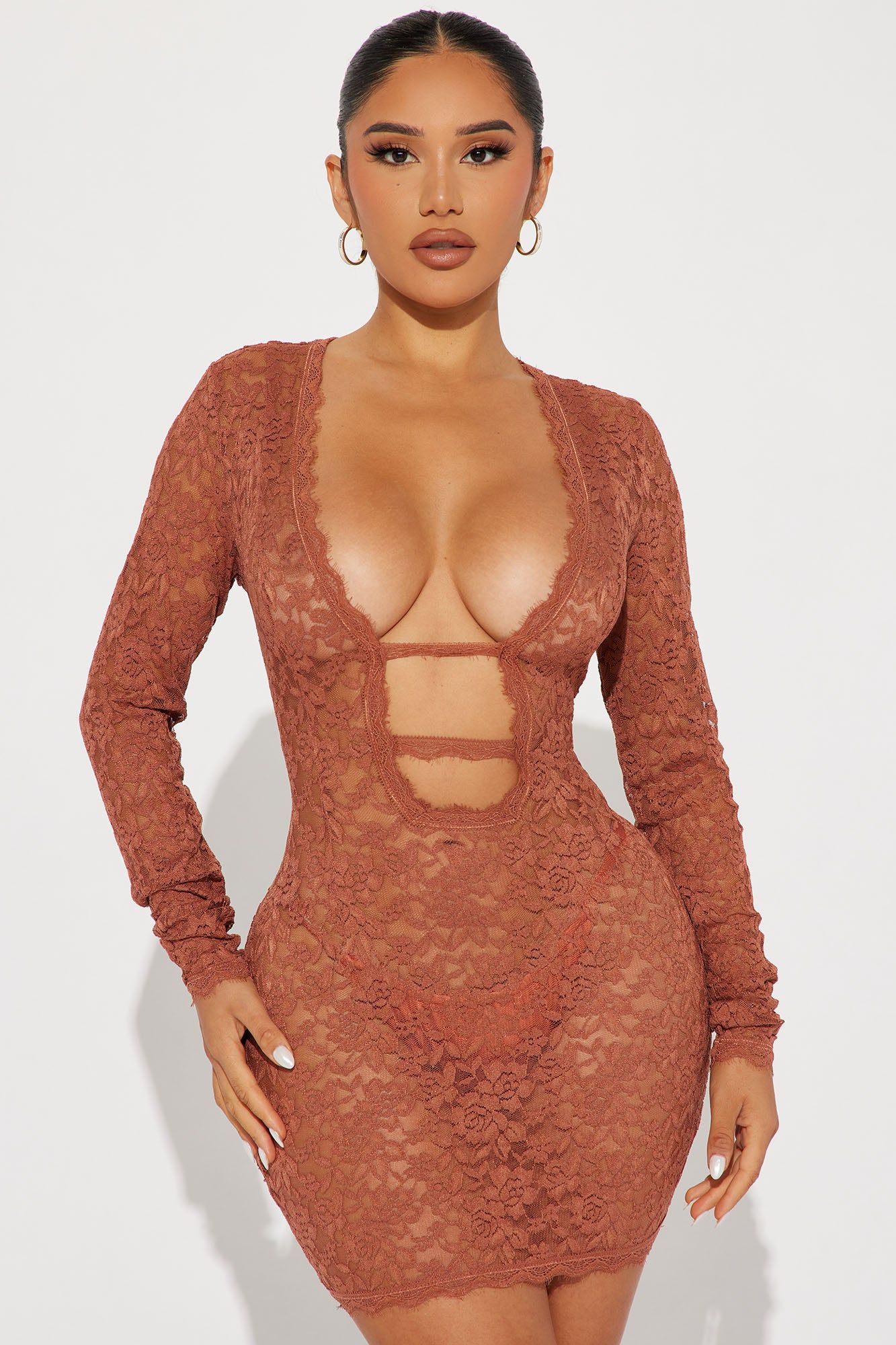 Victoria Lace Mini Dress - Rust sold by Fashion Nova