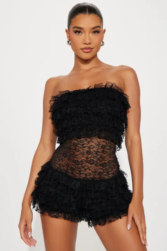 Sweet Romance Lace Romper - Black sold by Fashion Nova