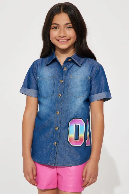 Mini Blessed Vibes Denim Shirt - Medium Wash made by Fashion Nova