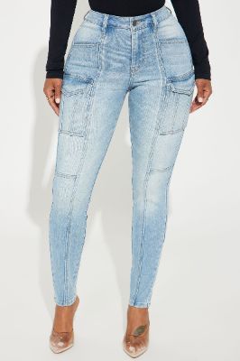 Off The Clock Stretch Cargo Skinny Jeans - Light Wash sold by Fashion Nova