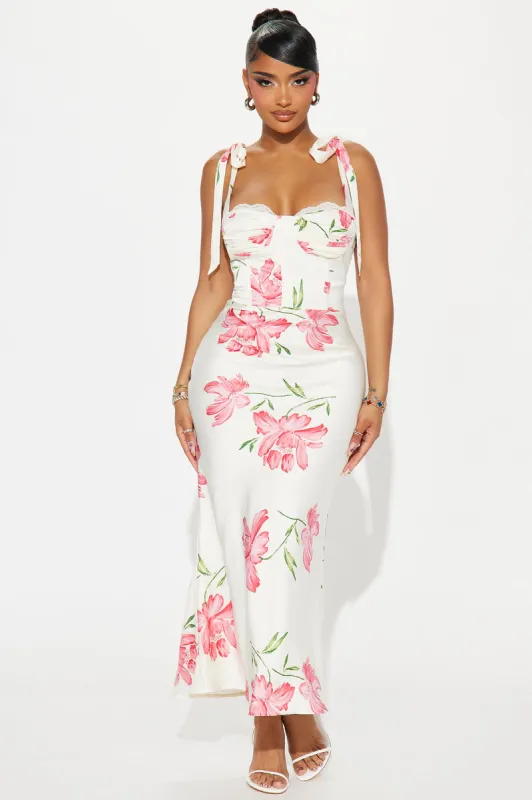 Garden Dreams Satin Maxi Dress - White/combo sold by Fashion Nova