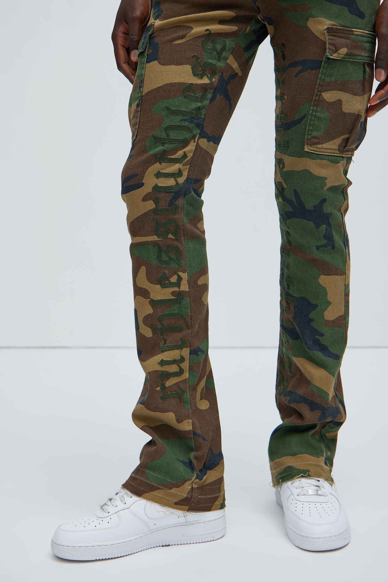Ruthless Embroidered Stacked Skinny Cargo Flare Pants - Camouflage sold by Fashion Nova product image thumbnail 3