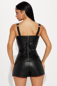 Never Mine Faux Leather Romper - Black sold by Fashion Nova