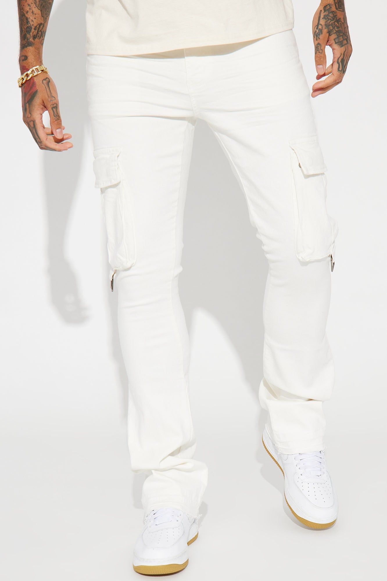 Not The Same Cargo Stacked Skinny Flare Jeans - White sold by Fashion Nova