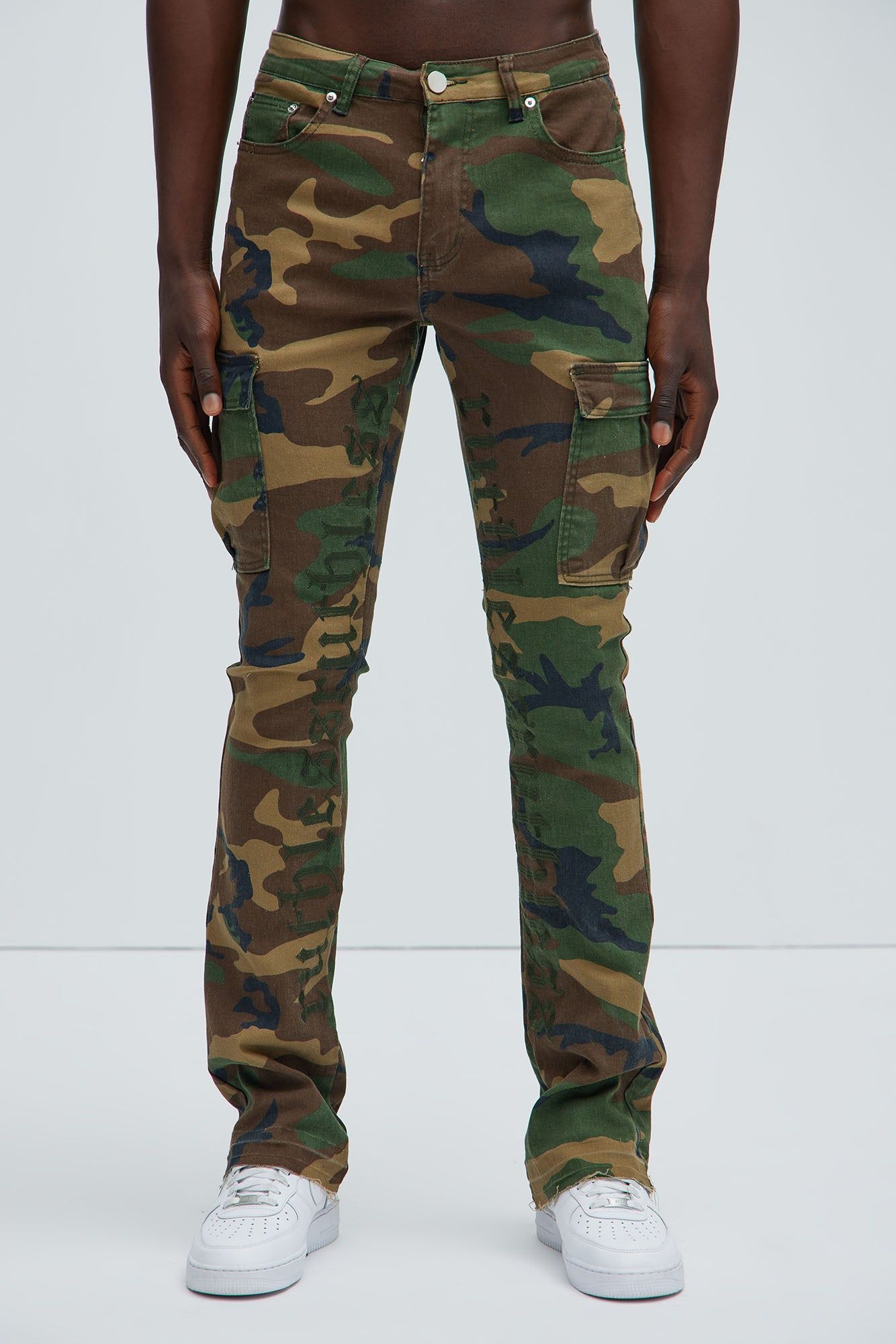 Ruthless Embroidered Stacked Skinny Cargo Flare Pants - Camouflage sold by Fashion Nova