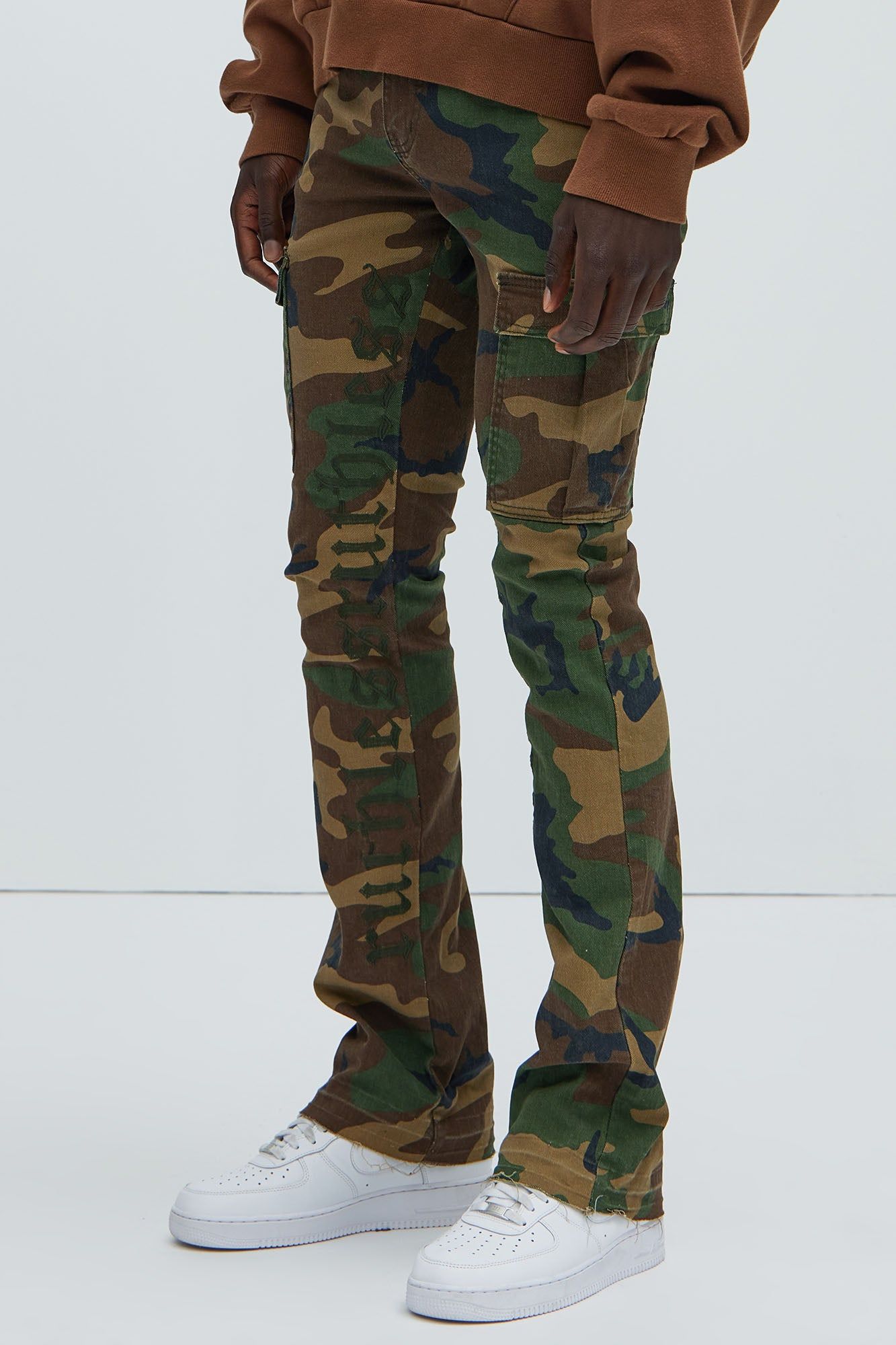Ruthless Embroidered Stacked Skinny Cargo Flare Pants - Camouflage sold by Fashion Nova product image thumbnail 4