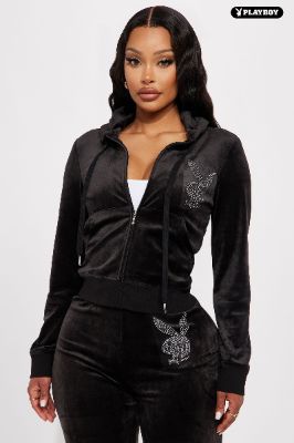Velour Playboy Zip Font Hoodie - Black sold by Fashion Nova