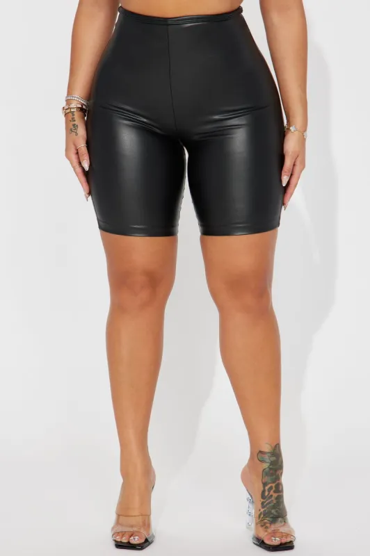 On The Daily Faux Leather Biker Short - Black sold by Fashion Nova