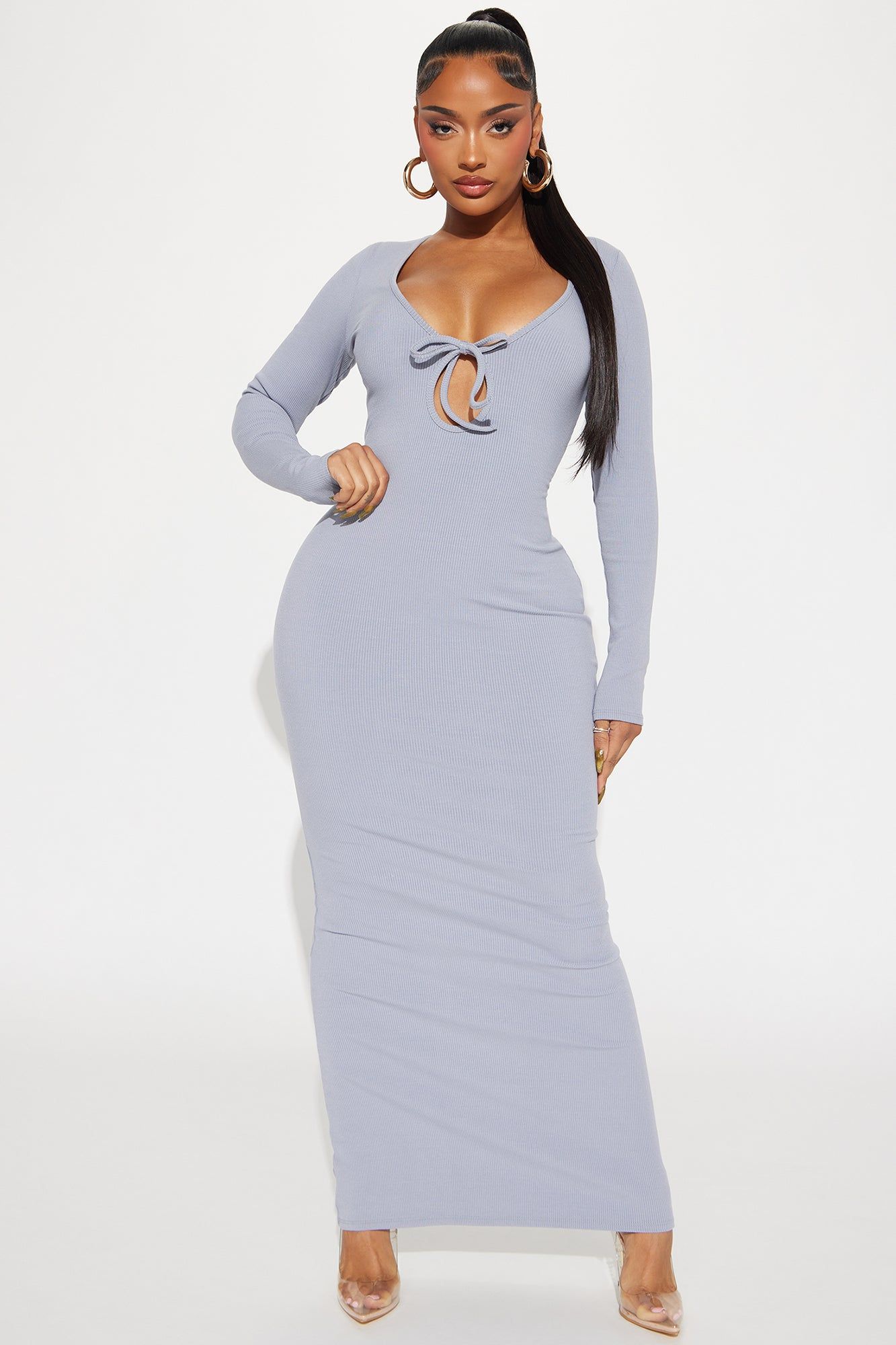 Raya Snatched Maxi Dress - Slate Grey sold by Fashion Nova
