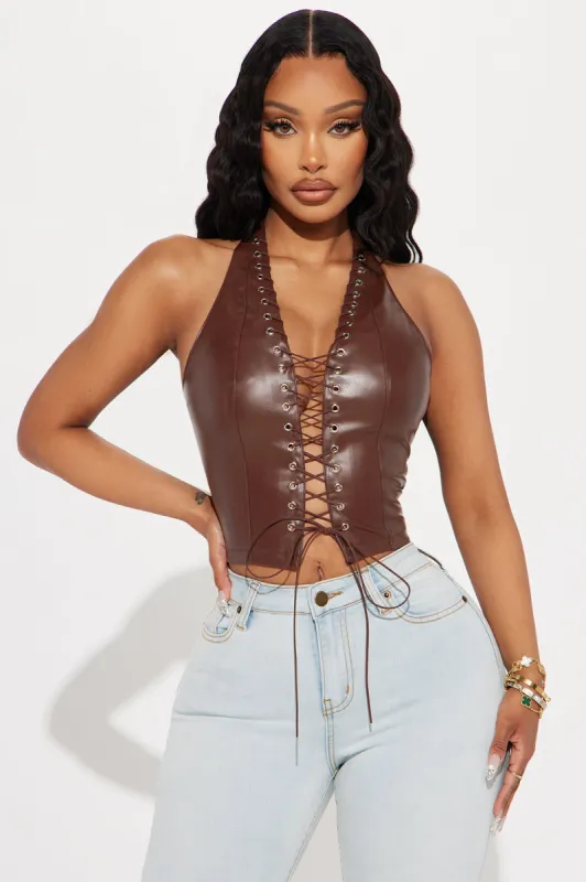 Up To No Good Lace Up Top - Brown sold by Fashion Nova