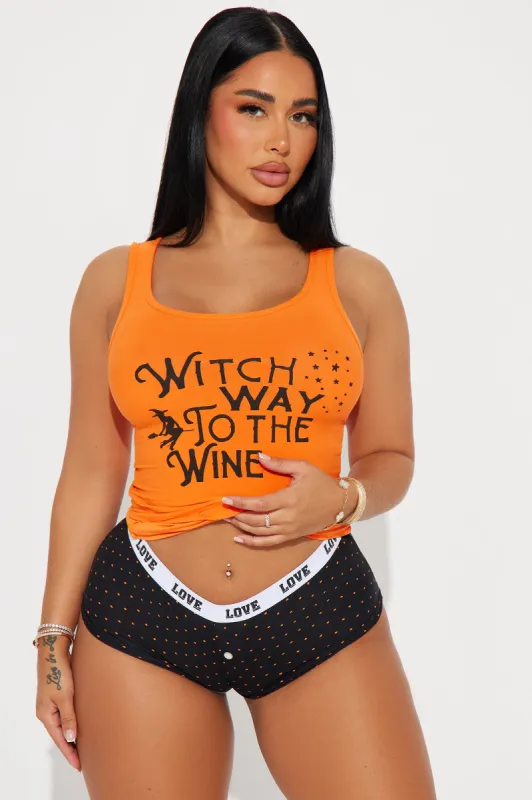Witch Way To The Wine Halloween PJ Set - Orange/combo sold by Fashion Nova