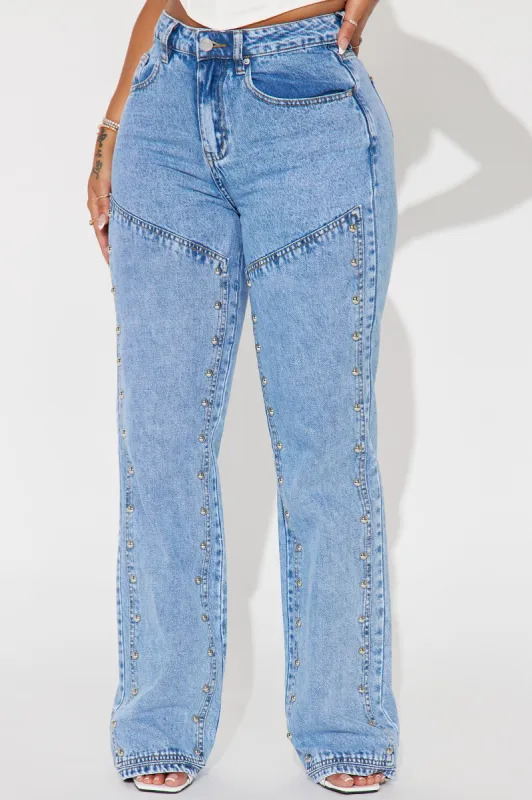 Walk My Way Studded Straight Leg Jeans - Medium Wash sold by Fashion Nova