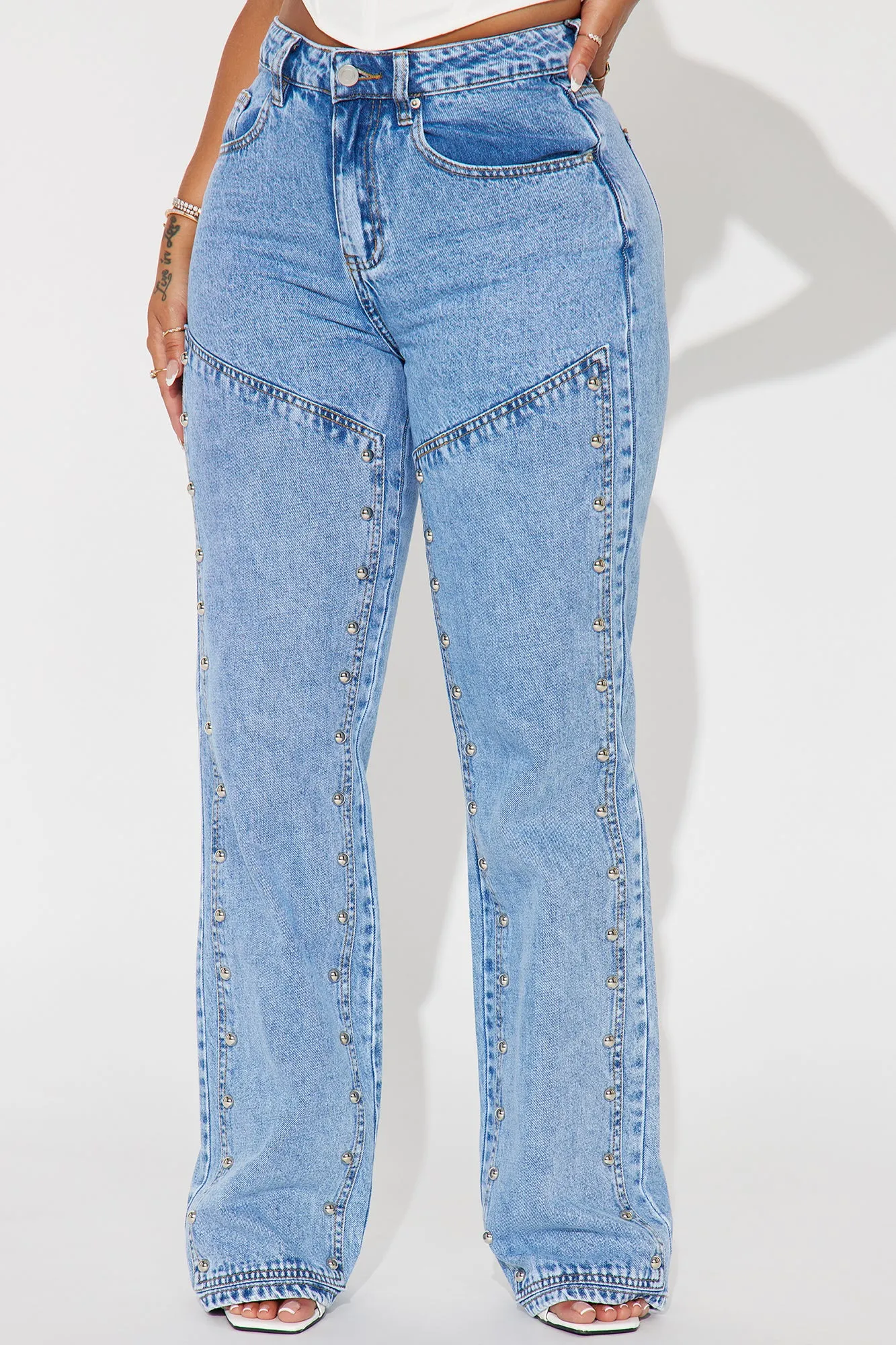 Walk My Way Studded Straight Leg Jeans - Medium Wash sold by Fashion Nova