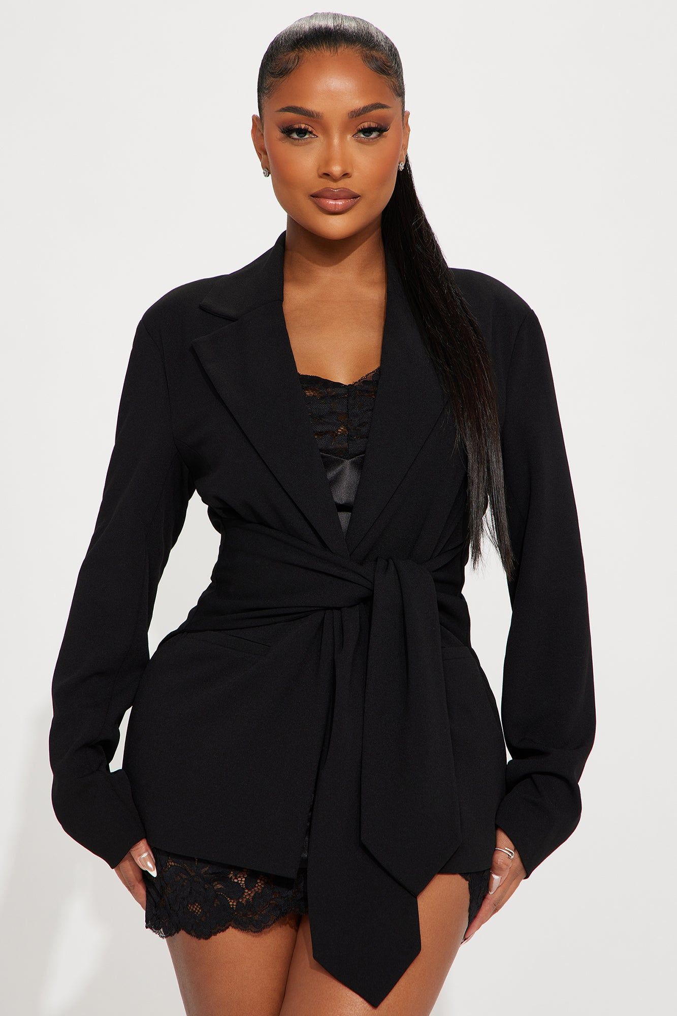 Classic Times Tie Waist Blazer - Black sold by Fashion Nova