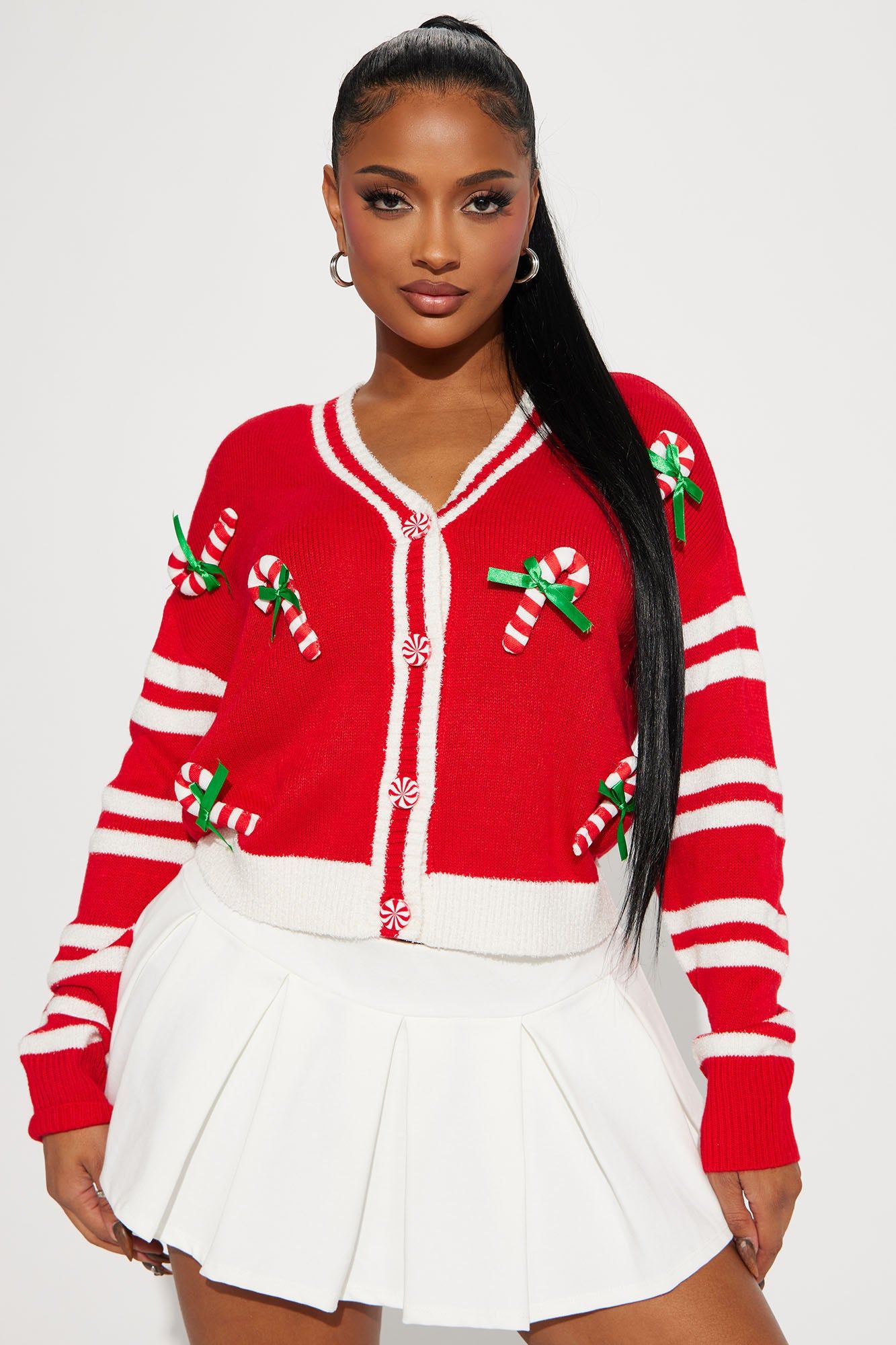 Candy Cane Vibes Cardigan - Red/combo sold by Fashion Nova