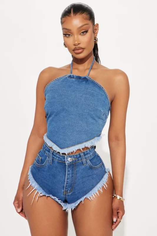 Done Decision Fray Denim Halter Vest - Medium Wash sold by Fashion Nova