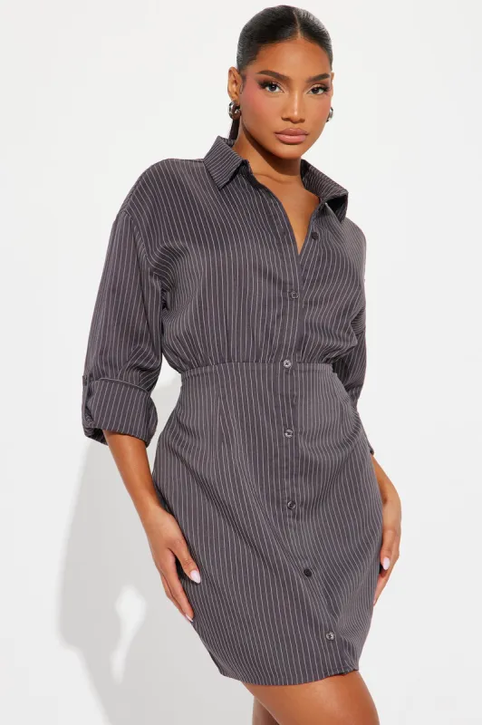 In Her Bag Mini Shirt Dress - Charcoal sold by Fashion Nova