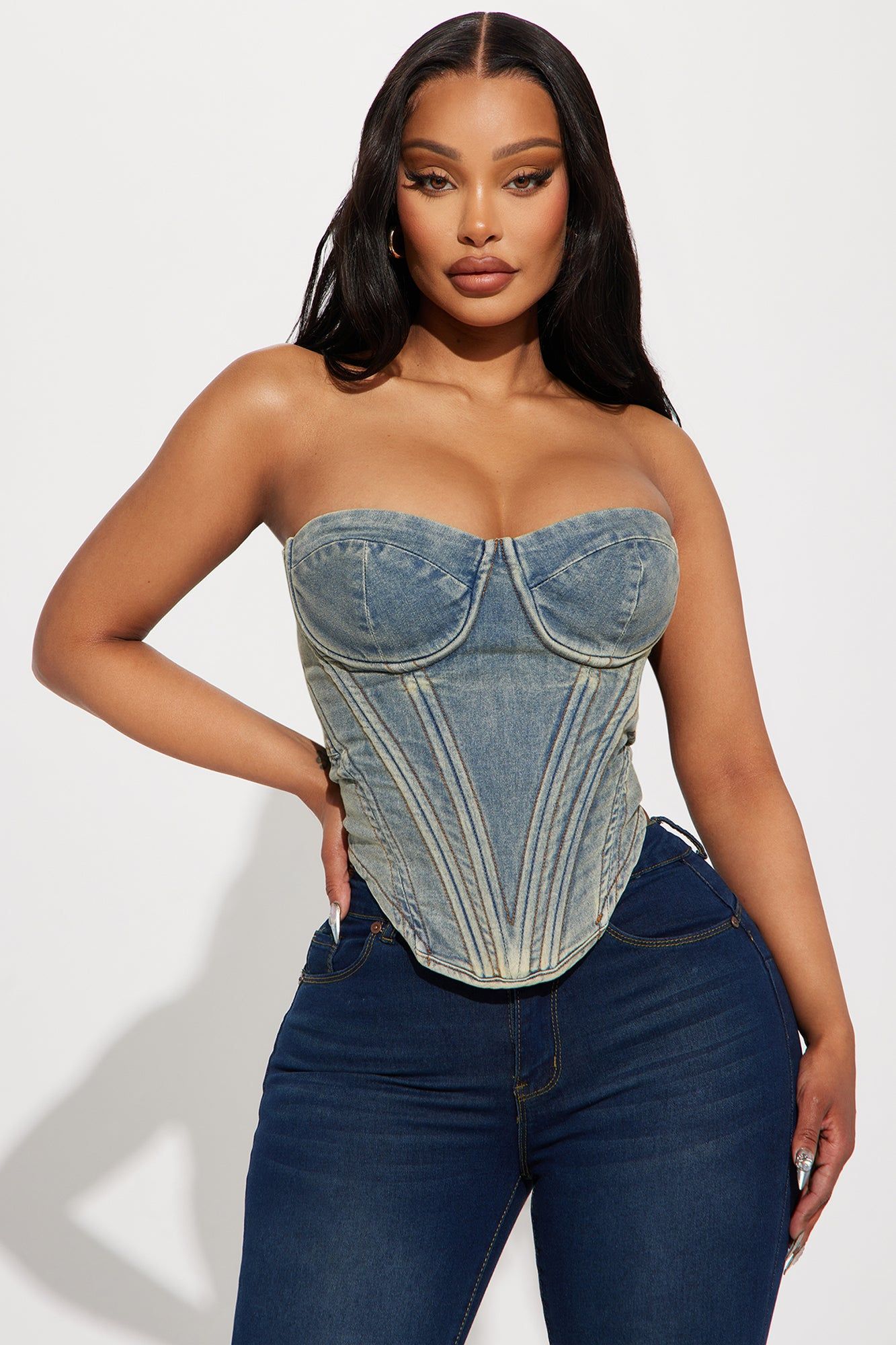 Bae For Tonight Denim Corset Top - Vintage Wash sold by Fashion Nova