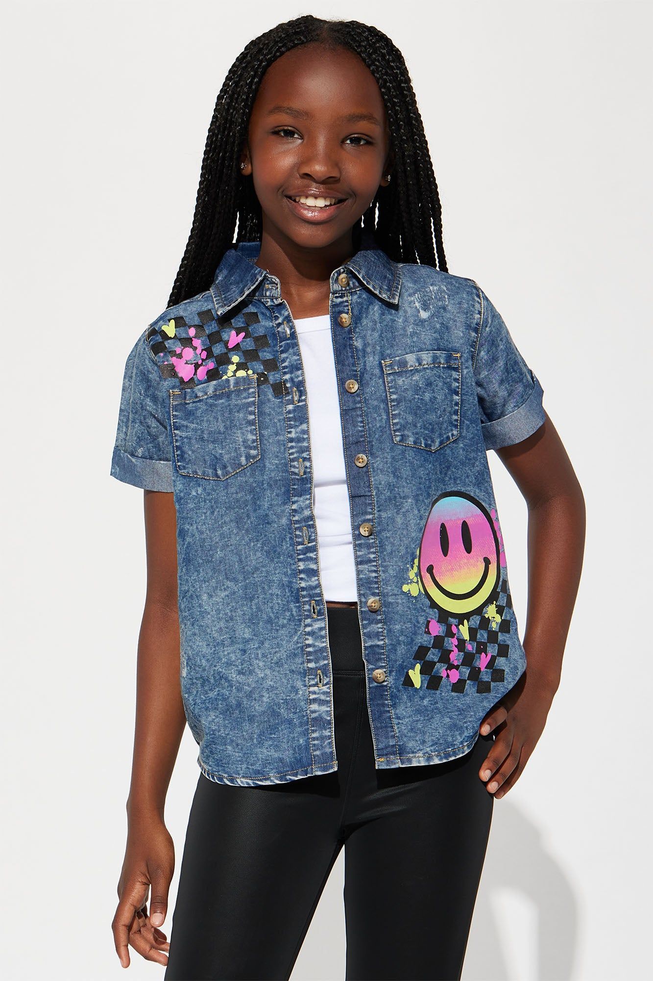Mini Smiley Face Denim Shirt - Acid Wash sold by Fashion Nova