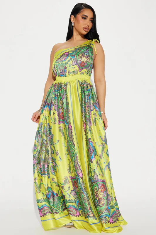 Nia Satin Maxi Dress - Yellow/combo sold by Fashion Nova