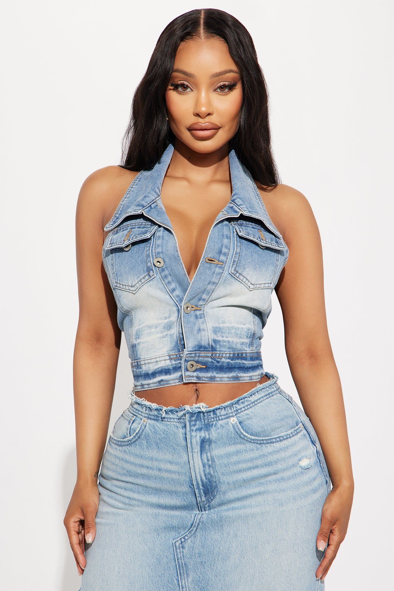 Guilia Denim Halter Top - Light Wash sold by Fashion Nova