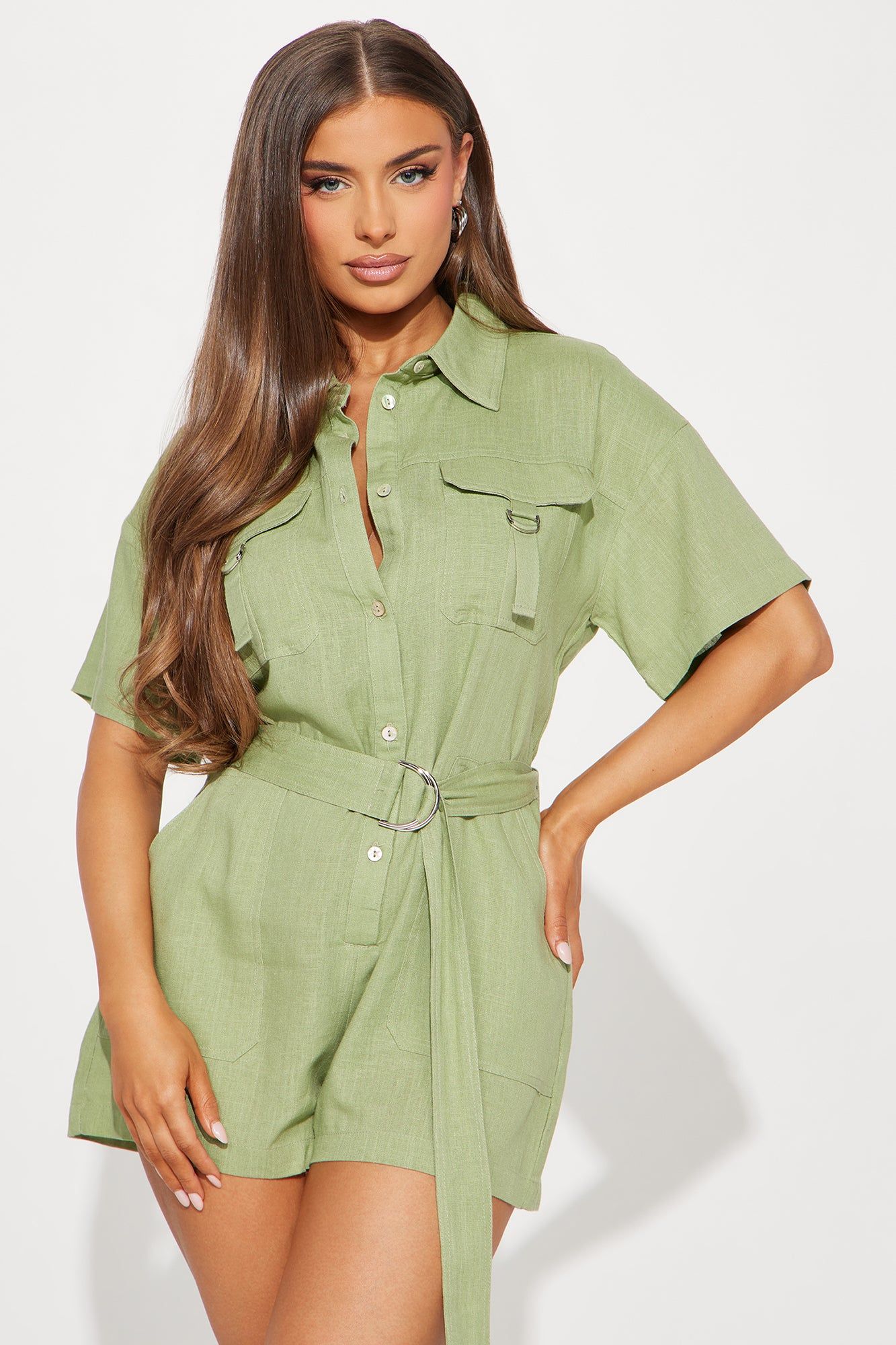 Not Letting Go Linen Romper - Olive sold by Fashion Nova