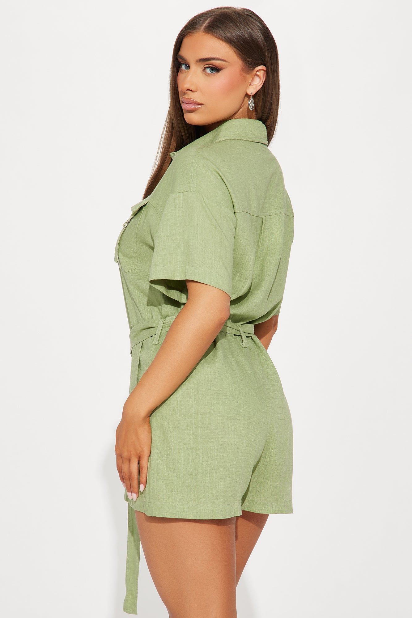 Not Letting Go Linen Romper - Olive sold by Fashion Nova product image thumbnail 2