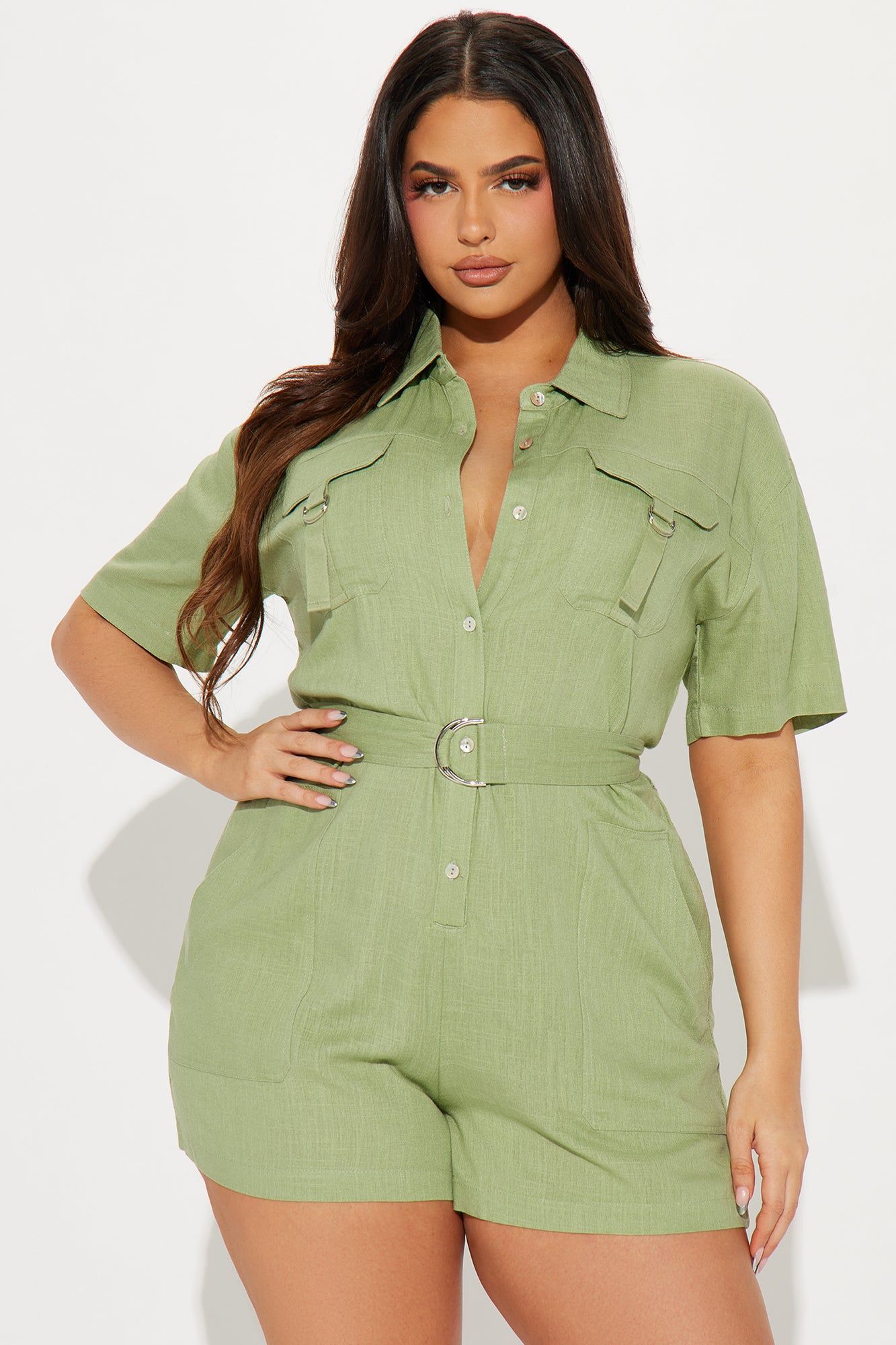 Not Letting Go Linen Romper - Olive sold by Fashion Nova product image thumbnail 5