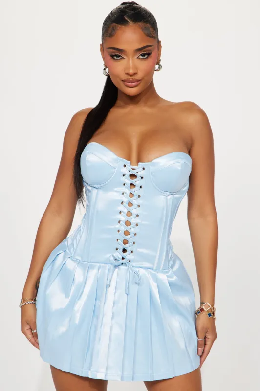 Princess Treatment Satin Micro Mini Dress - Light Blue sold by Fashion Nova