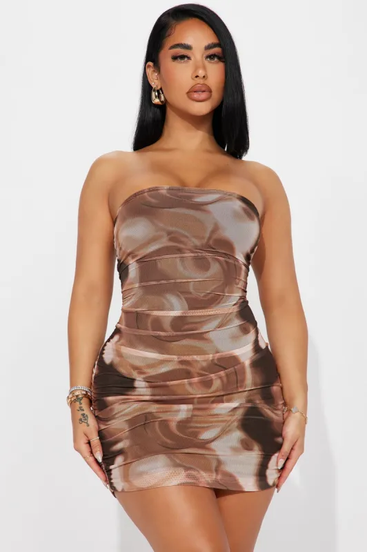 Kacy Mesh Mini Dress - Brown/combo sold by Fashion Nova